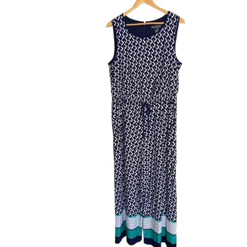 Jessica Howard Blue White & Green Sleeveless Wide Leg Jumpsuit Large